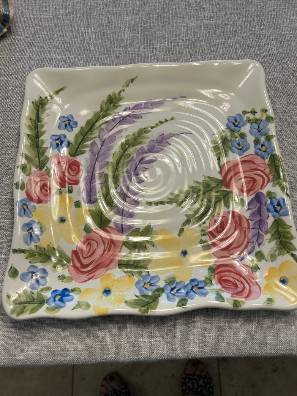 Hand-Painted Floral Square Ceramic Plate - Multicolor